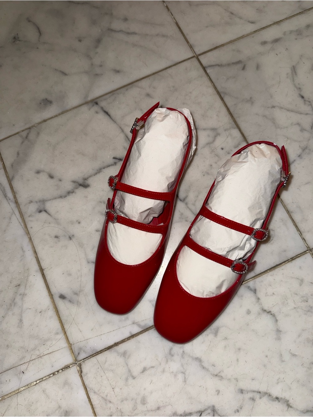 Stuart Weitzman Red Double-Strap Womens Flats - Elegant Slingback Mary Janes